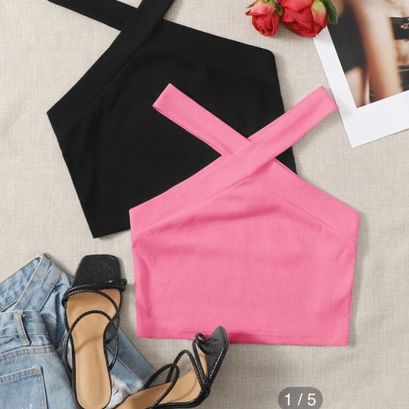 NWT • SHEIN • cross halter • crop tops • set of two • black and pink • size L - Picture 3 of 4
